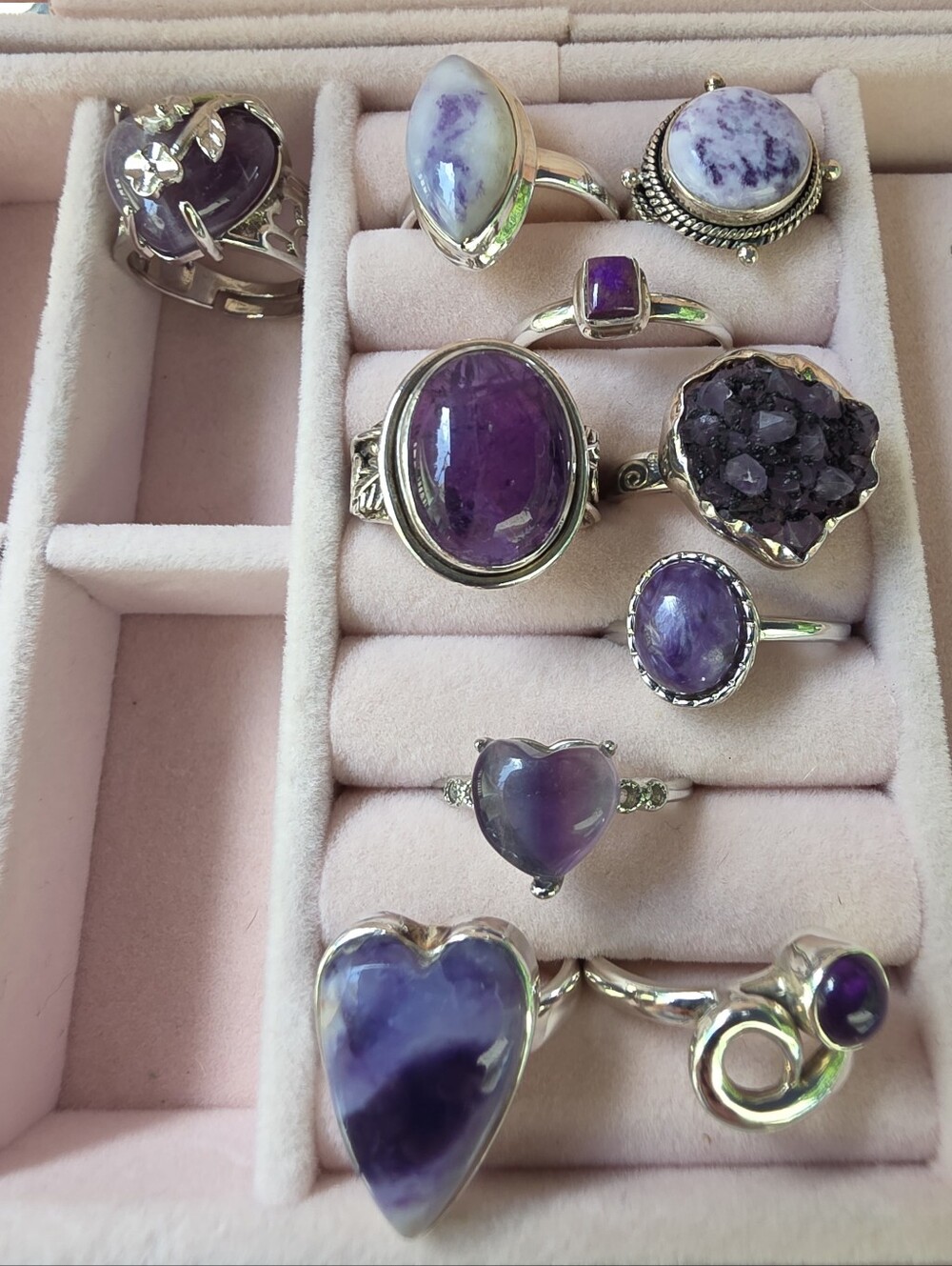 10 Piece 925 & Plated Purple Amethyst Heart Gemstone Bundle Lot Ring Collection